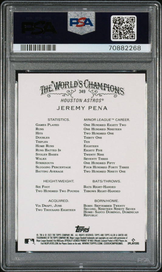 Graded 2022 Topps Allen & Ginter Jeremy Pena #349 Silver Portrait Rookie RC Baseball Card PSA 10 Gem Mint