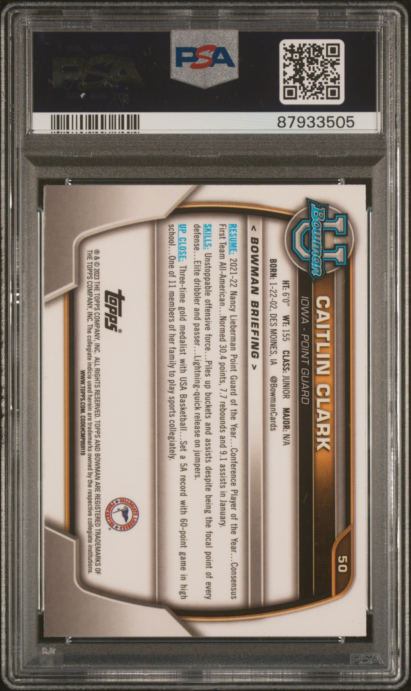 Graded 2022 Topps Bowman University Caitlin Clark #50 Pink Refractor Rookie RC Basketball Card PSA 10 Gem Mint