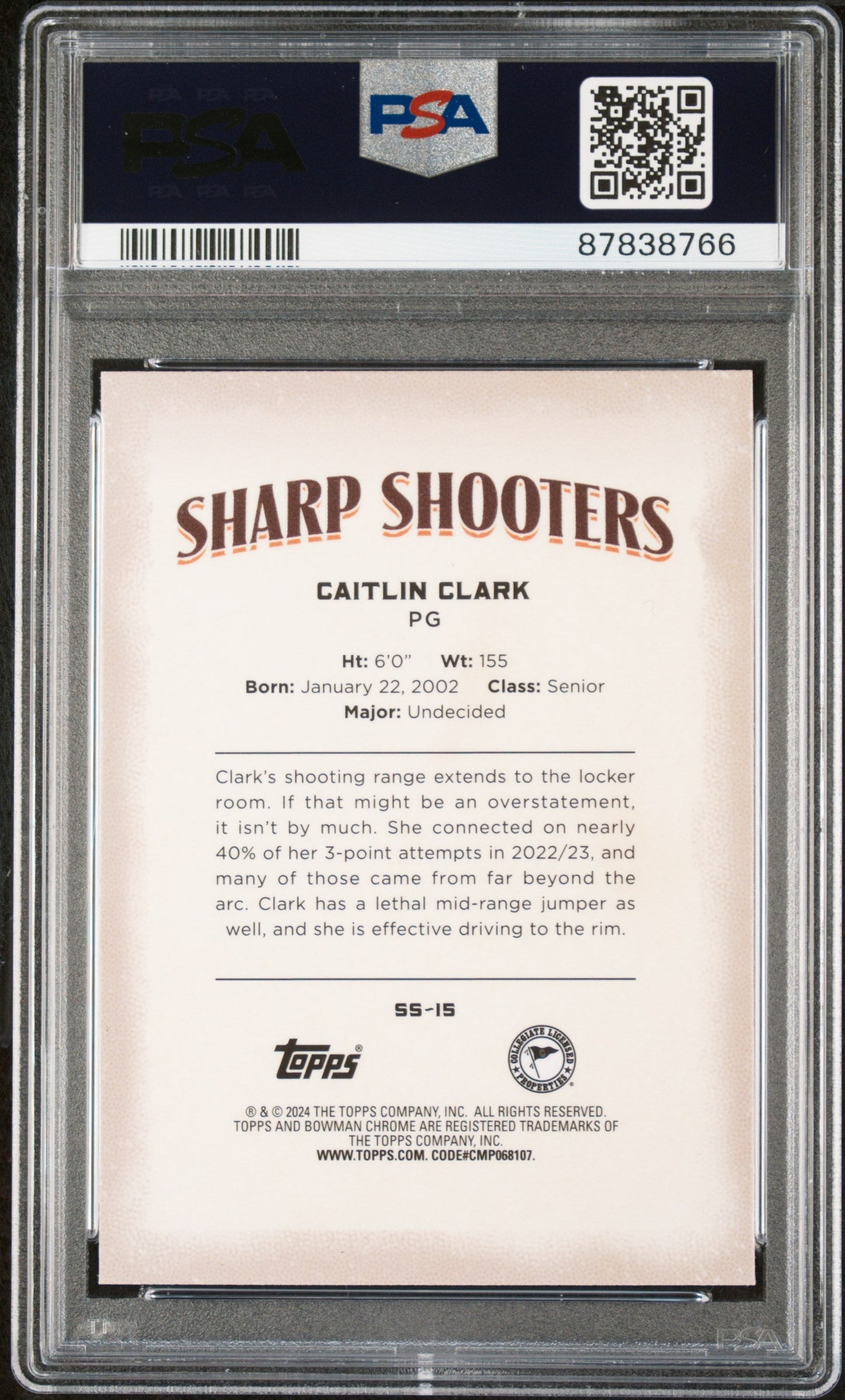 Graded 2023 Topps Bowman U Chrome Caitlin Clark #SS15 Sharp Shooters Rookie RC Basketball Card PSA 10 Gem Mint