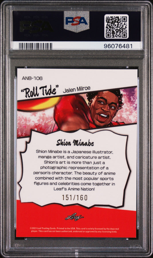 Graded 2024 Leaf Web Exclusives Jalen Milroe #106 Anime Nation #/160 Rookie RC Football Card PSA 10 Gem Mint