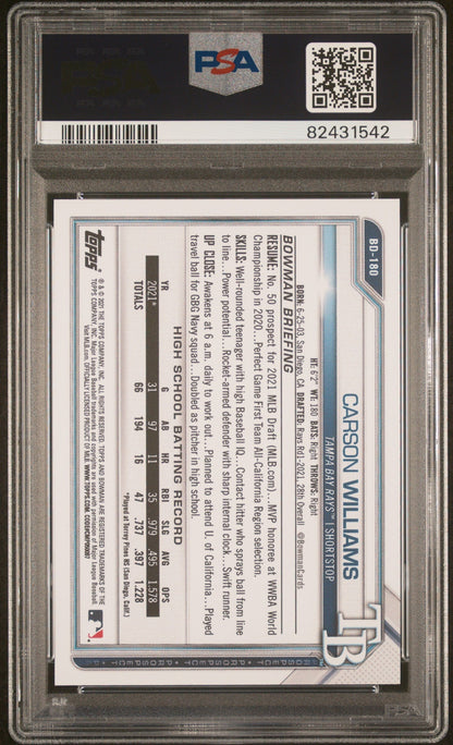 Graded 2021 Topps Bowman Draft Carson Williams #BD180 1st Edition Rookie RC Baseball Card PSA 10 Gem Mint