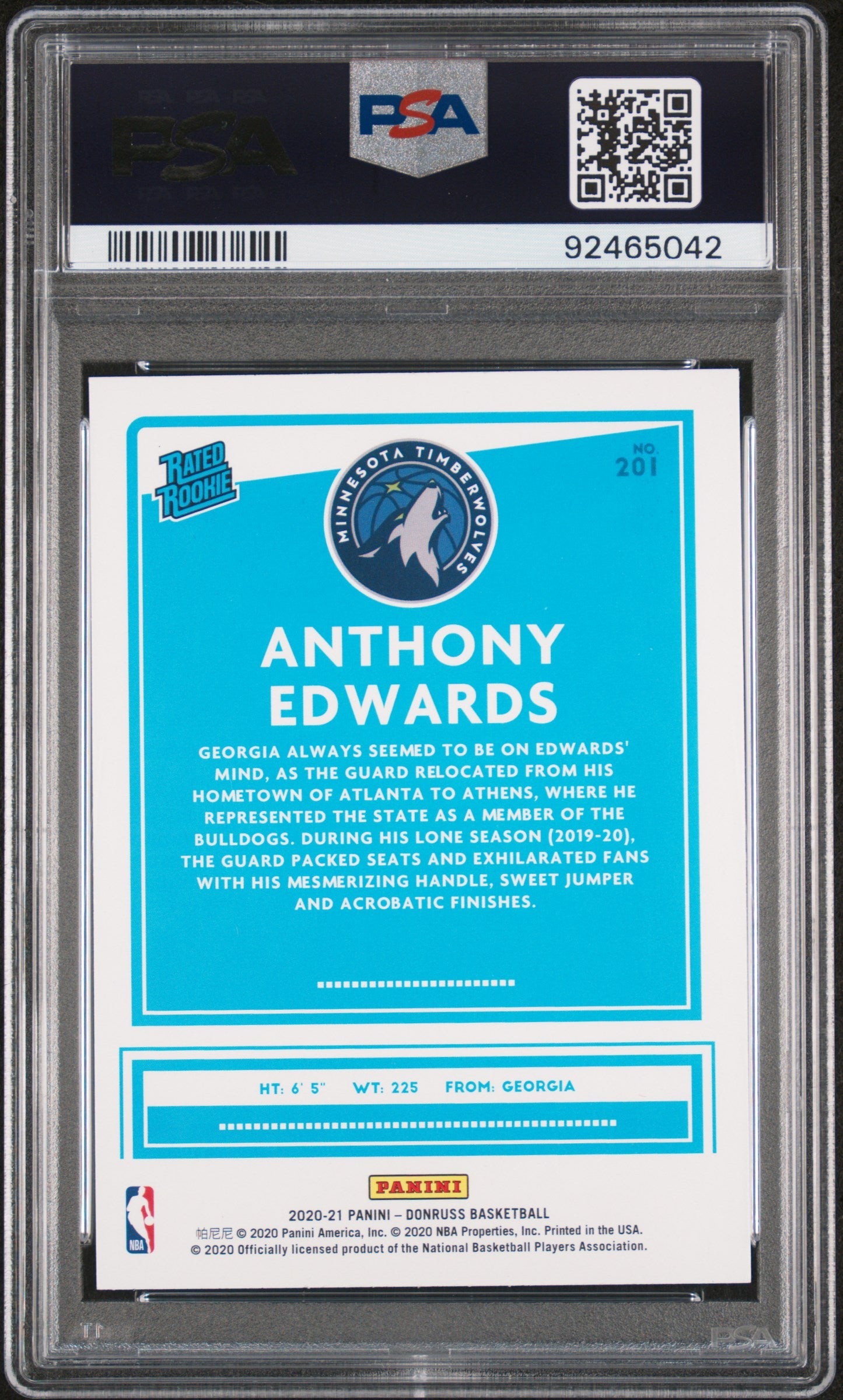 Graded 2020-21 Panini Donruss Anthony Edwards #201 Rated Rookie RC Basketball Card PSA 9 Mint