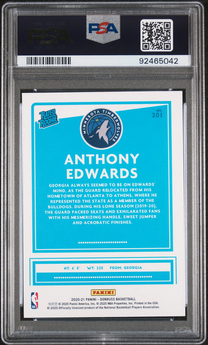 Graded 2020-21 Panini Donruss Anthony Edwards #201 Rated Rookie RC Basketball Card PSA 9 Mint