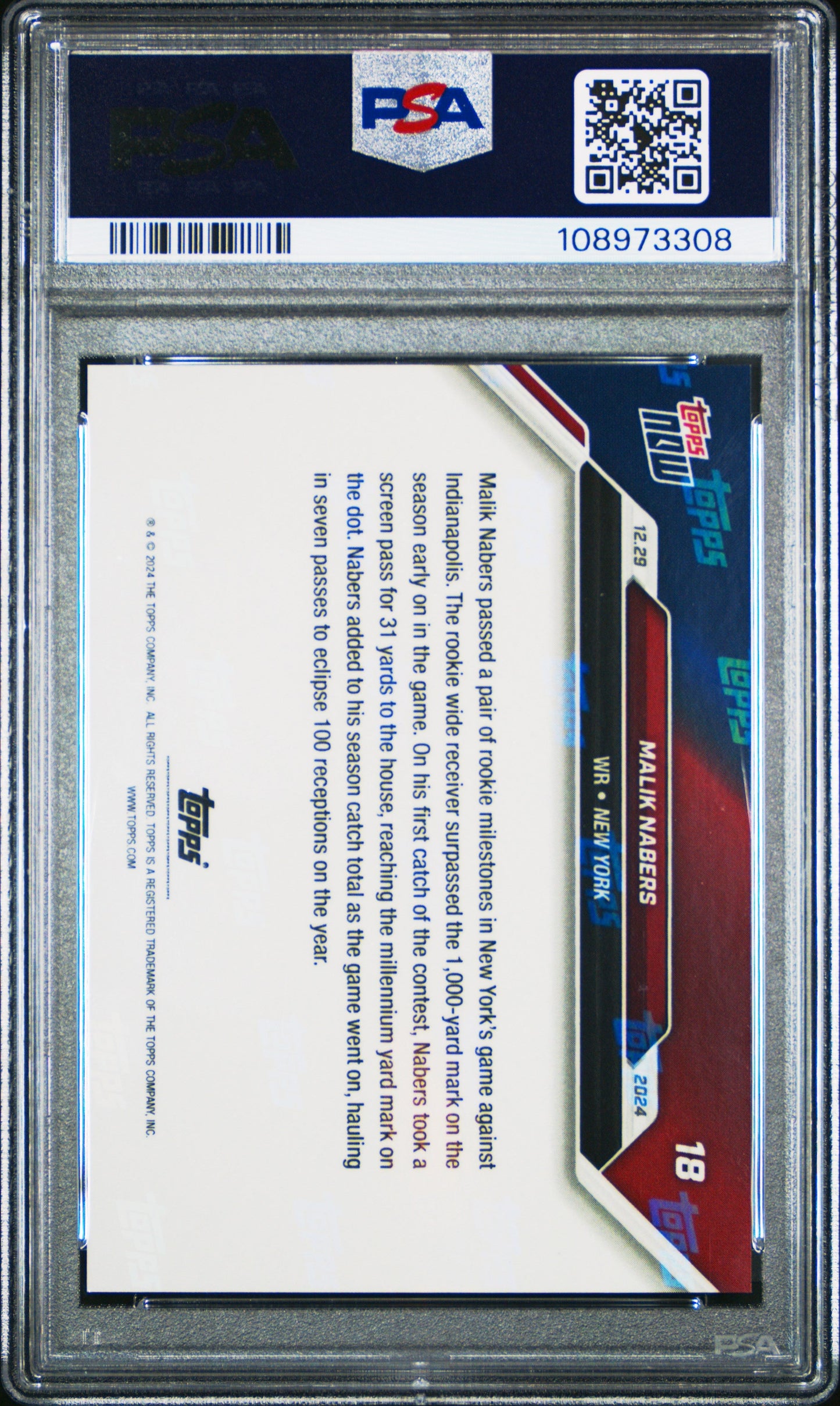 Graded 2024 Topps Now Malik Nabers #18 Blue /49 Rookie RC Football Card PSA 9 Mint