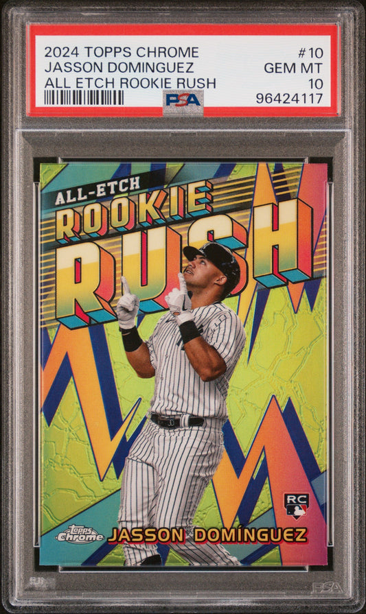 Graded 2024 Topps Chrome Jasson Dominguez #10 All Etch Rookie Rush Rookie RC Baseball Card PSA 10 Gem Mint