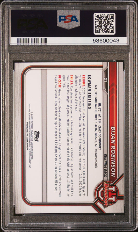 Graded 2021 Topps Bowman University Bijan Robinson #31 Paper Prospects Football Card PSA 8 Near Mint