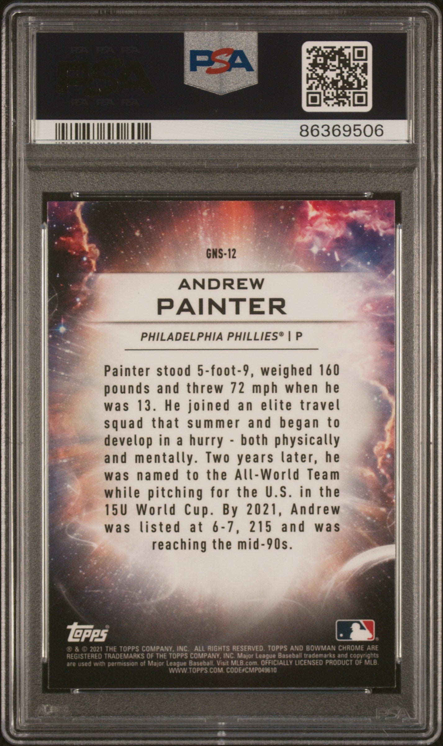 Graded 2021 Topps Bowman Draft Andrew Painter #GNS12 Genesis Rookie RC Baseball Card PSA 10 Gem Mint