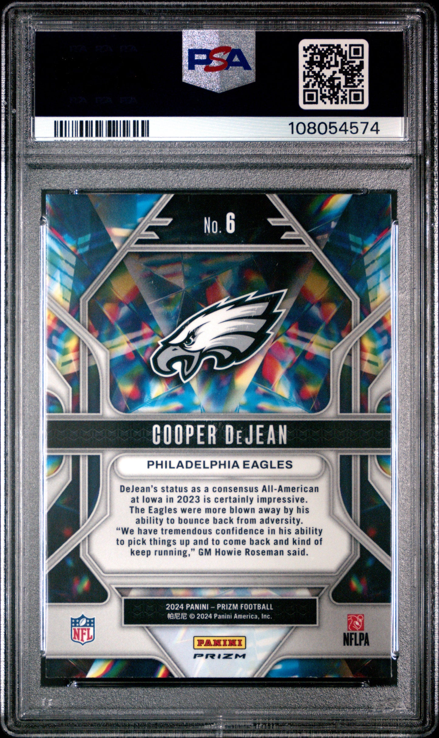 Graded 2024 Panini Prizm Cooper DeJean #6 Prizmatic Green Prizm Rookie RC Football Card PSA 10 Gem Mint