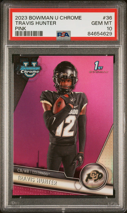 Graded 2023 Topps Bowman U Chrome Travis Hunter #36 Pink Rookie RC Football Card PSA 10 Gem Mint