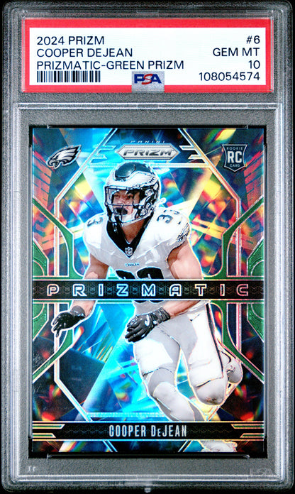 Graded 2024 Panini Prizm Cooper DeJean #6 Prizmatic Green Prizm Rookie RC Football Card PSA 10 Gem Mint