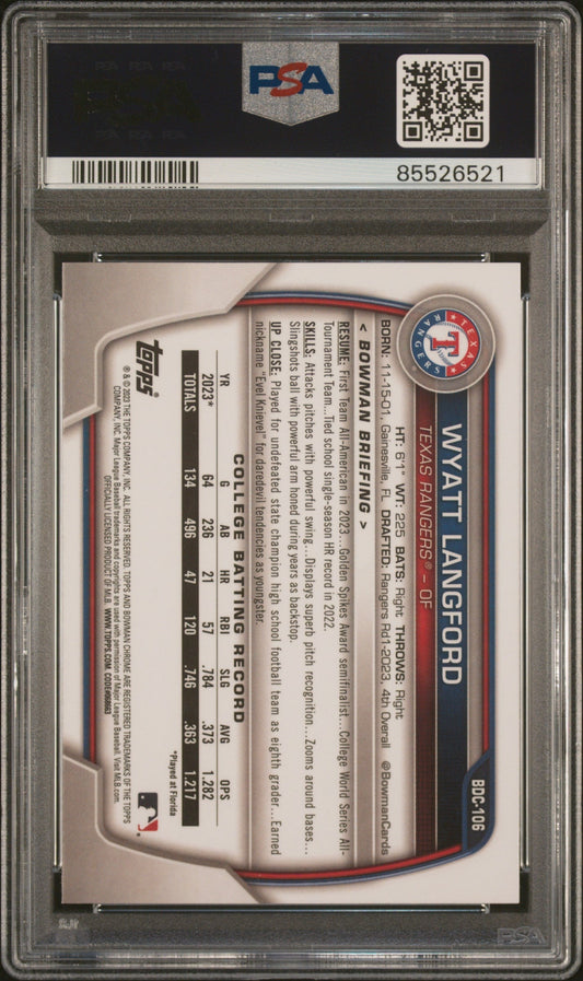Graded 2023 Topps Bowman Draft Wyatt Langford #BDC106 Chrome Rookie RC Baseball Card PSA 10 Gem Mint