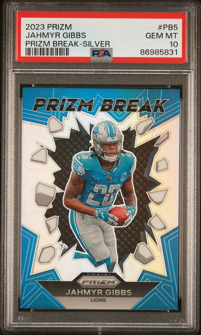 Graded 2023 Panini Prizm Jahmyr Gibbs #PB5 Prizm Break Silver RC Football Card PSA 10 Gem Mint