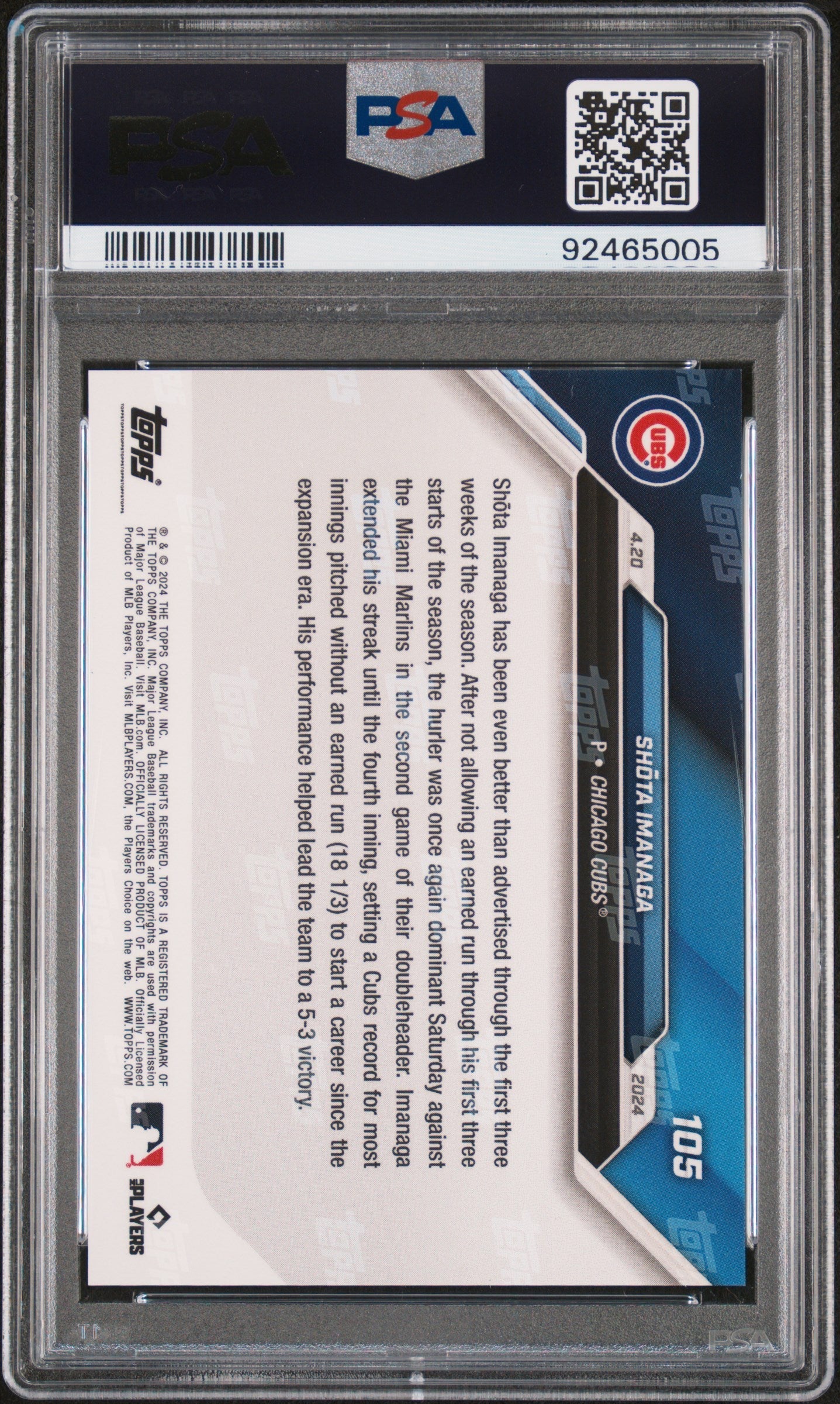 Graded 2024 Topps Now Shota Imanaga #105 Purple #/25 Rookie RC Baseball Card PSA 10 Gem Mint