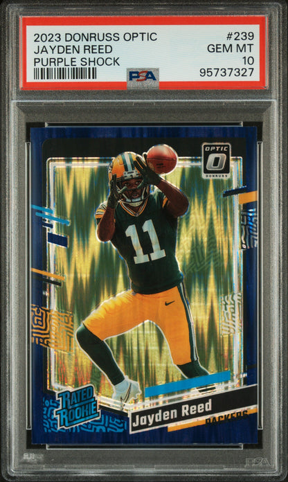 Graded 2023 Panini Donruss Optic Jayden Reed #239 Purple Shock Rookie RC Football Card PSA 10 Gem Mint