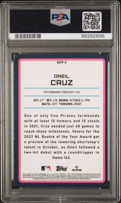 Graded 2022 Topps Bowman Oneil Cruz #ROYF5 Chrome ROY Favorites Rookie RC Baseball Card PSA 10 Gem Mint