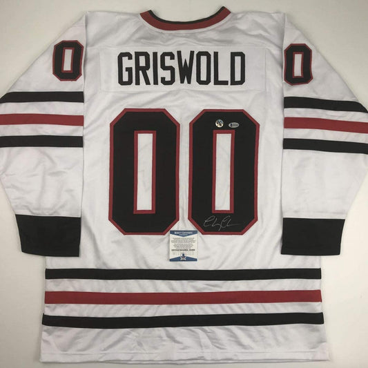 Autographed/Signed Chevy Chase Clark Griswold Christmas Vacation Movie Chicago White Hockey Jersey Beckett BAS COA