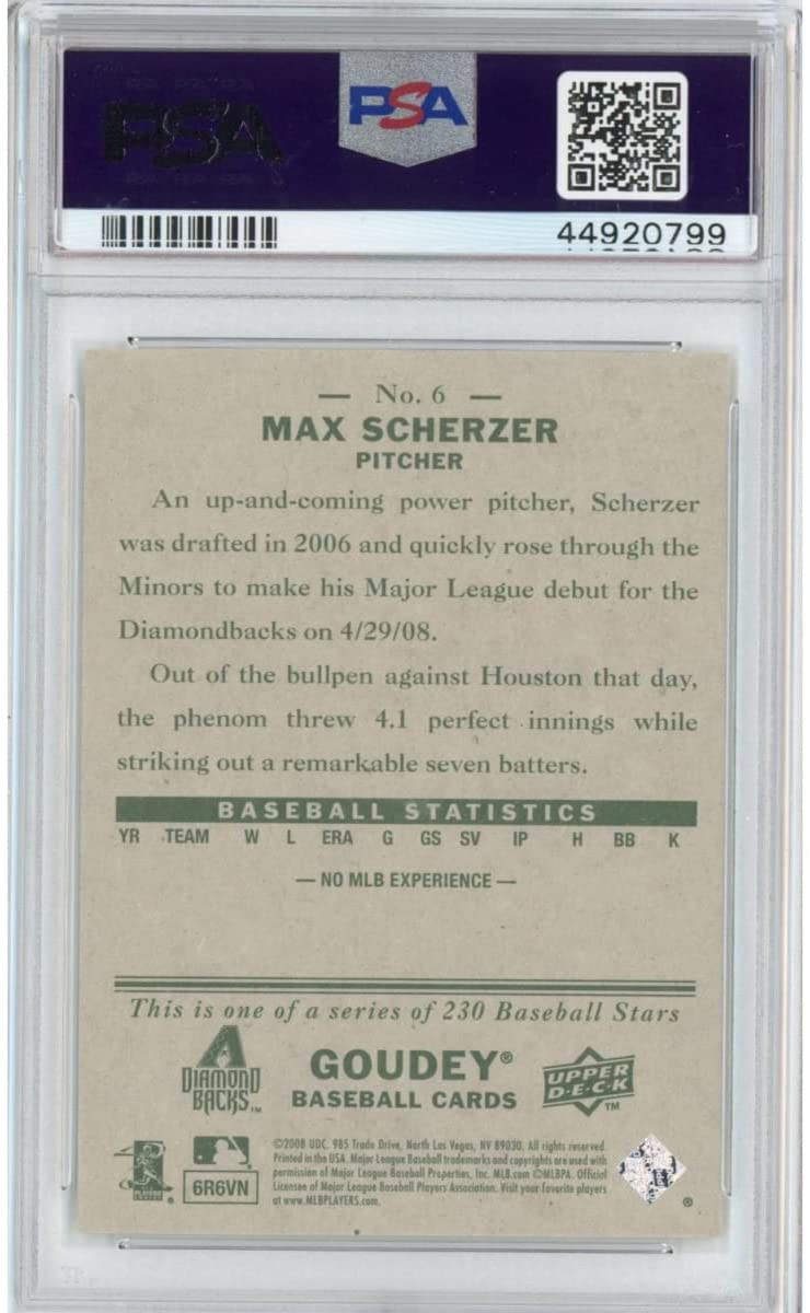 Graded 2008 Upper Deck UD Goudey Max Scherzer #6 Rookie RC Baseball Card PSA 10 Gem Mint
