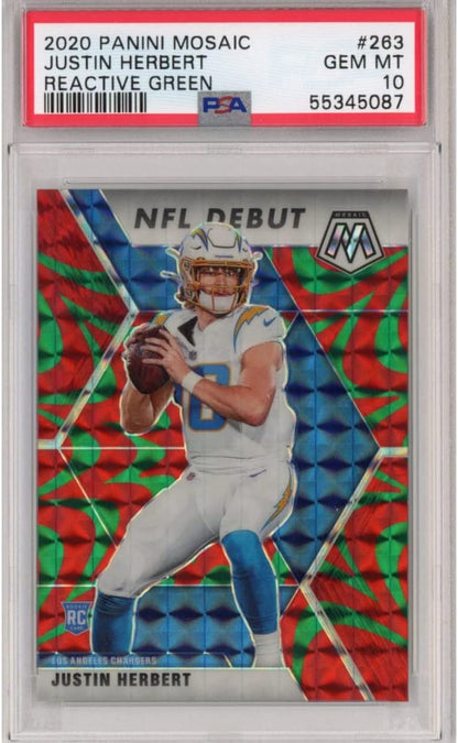 Graded 2020 Panini Mosaic Justin Herbert #263 Reactive Green Rookie RC Football Card PSA 10 Gem Mint