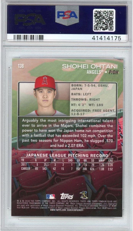Graded 2018 Topps Stadium Club Shohei Ohtani #138 Rookie RC Baseball Card PSA 10 Gem Mint
