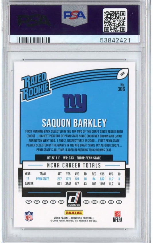 Graded 2018 Panini Donruss Saquon Barkley #306 Rookie RC Football Card PSA 10 Gem Mint