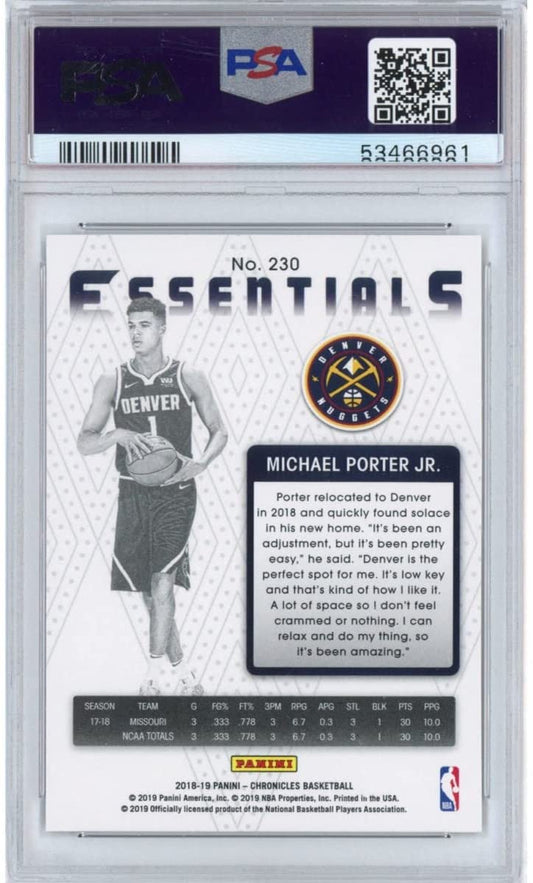 Graded 2018-19 Panini Chronicles Michael Porter Jr. #230 Rookie RC Basketball Card PSA 10 Gem Mint