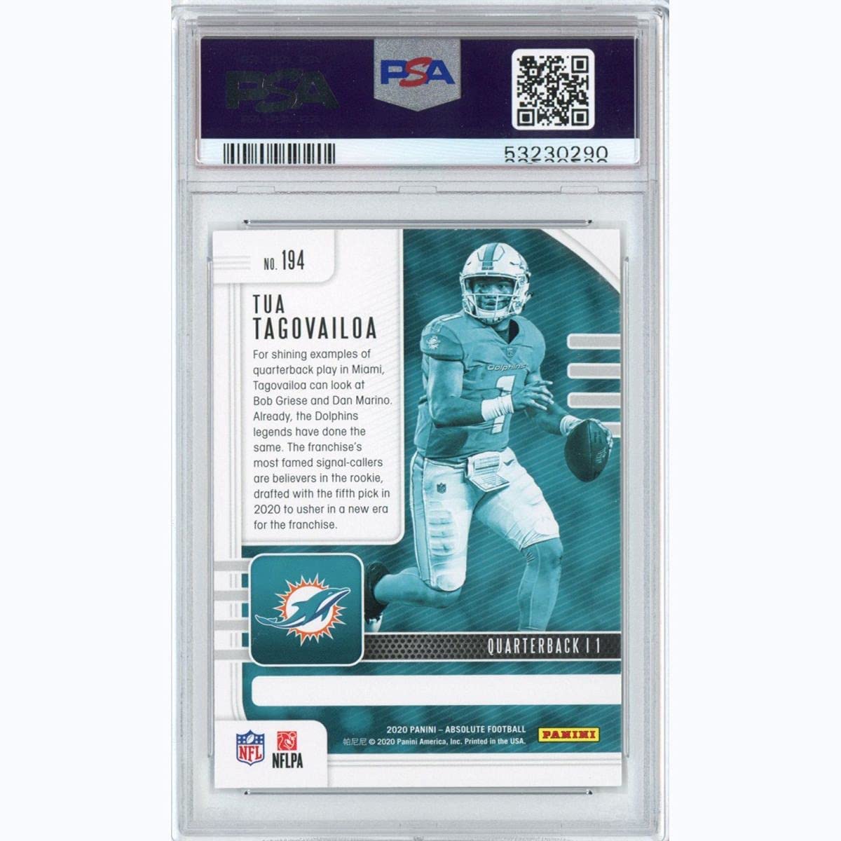 Graded 2020 Panini Absolute Tua Tagovailoa #194 Rookie RC Football Card PSA 10 Gem Mint
