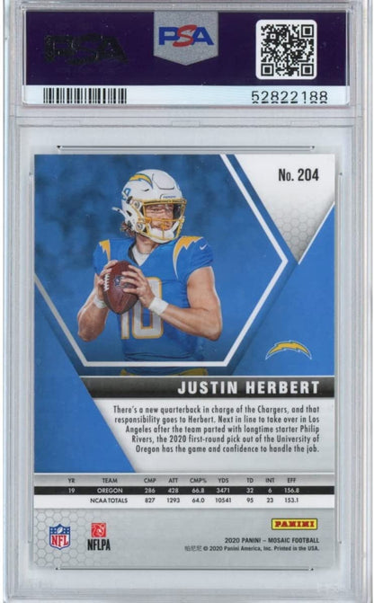 Graded 2020 Panini Mosaic Justin Herbert #204 Rookie RC Football Card PSA 10 Gem Mint