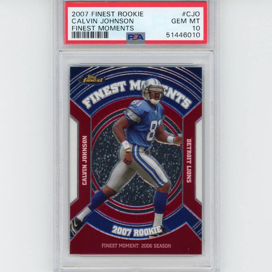 Graded 2007 Topps Finest Calvin Johnson #CJO Moments Rookie RC Football Card PSA 10 Gem Mint