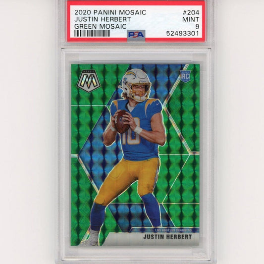 Graded 2020 Panini Mosaic Justin Herbert #204 Green Rookie RC Football Card PSA 9 Mint