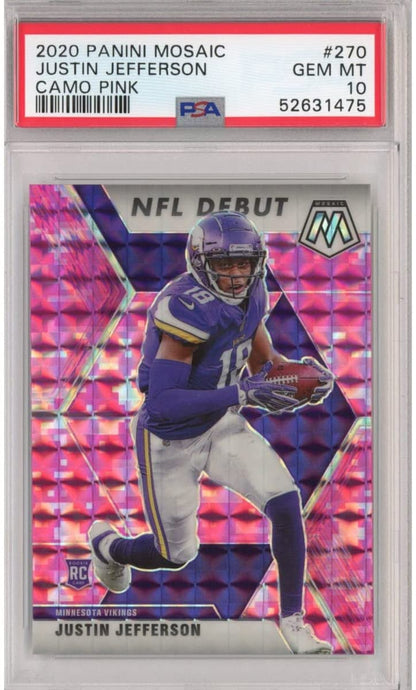 Graded 2020 Panini Mosaic Justin Jefferson #270 Camo Pink Rookie RC Football Card PSA 10 Gem Mint