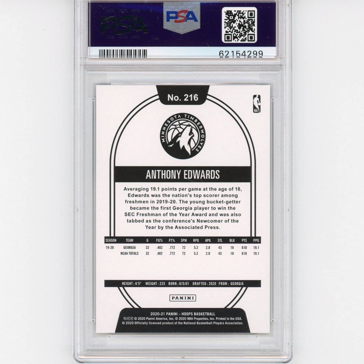 Graded 2020-21 Panini Hoops Anthony Edwards #216 Rookie RC Basketball Card PSA 10 Gem Mint