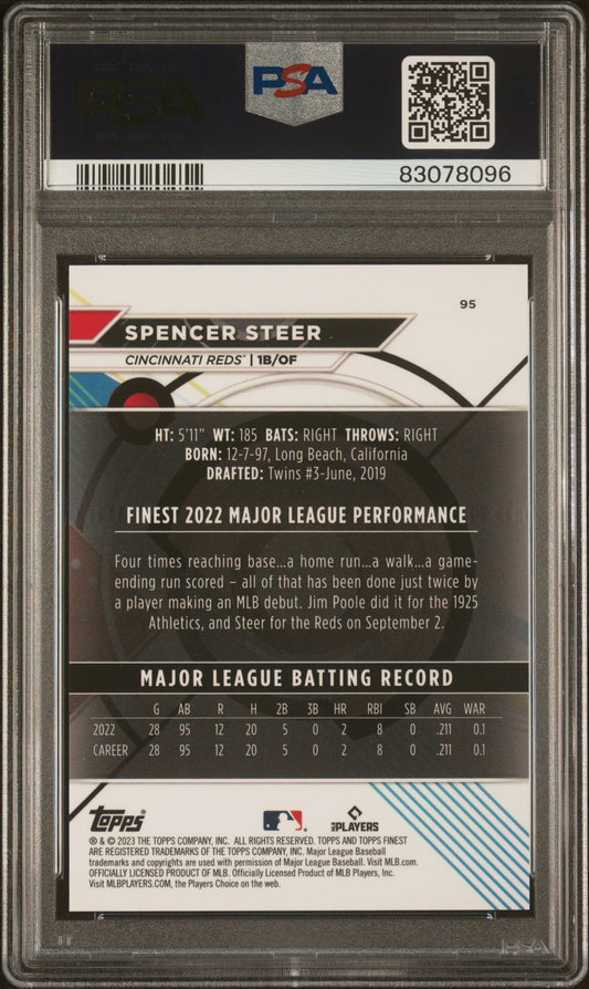 Graded 2023 Topps Finest Spencer Steer #95 Green Lava #/99 Rookie RC Baseball Card PSA 10 Gem Mint