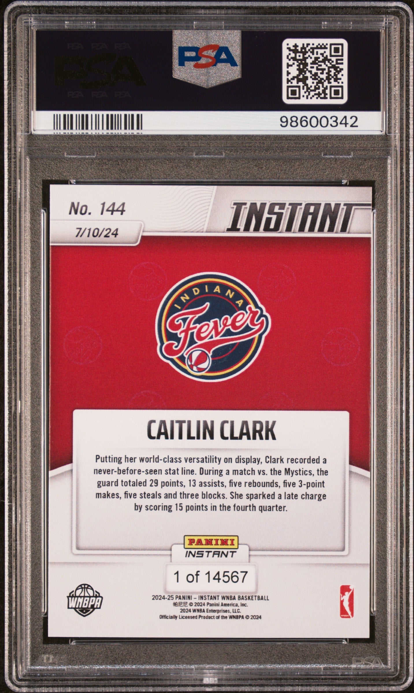 Graded 2024 Panini Instant WNBA Caitlin Clark #144 Rookie RC Basketball Card PSA 9 Mint