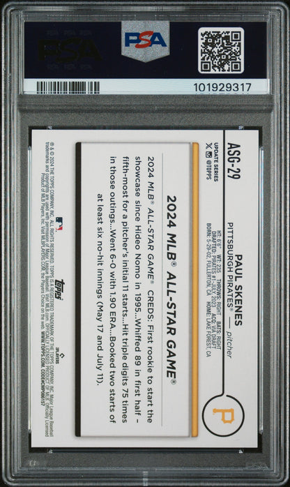 Graded 2024 Topps Update Paul Skenes #ASG29 All Star Game Rookie RC Baseball Card PSA 10 Gem Mint