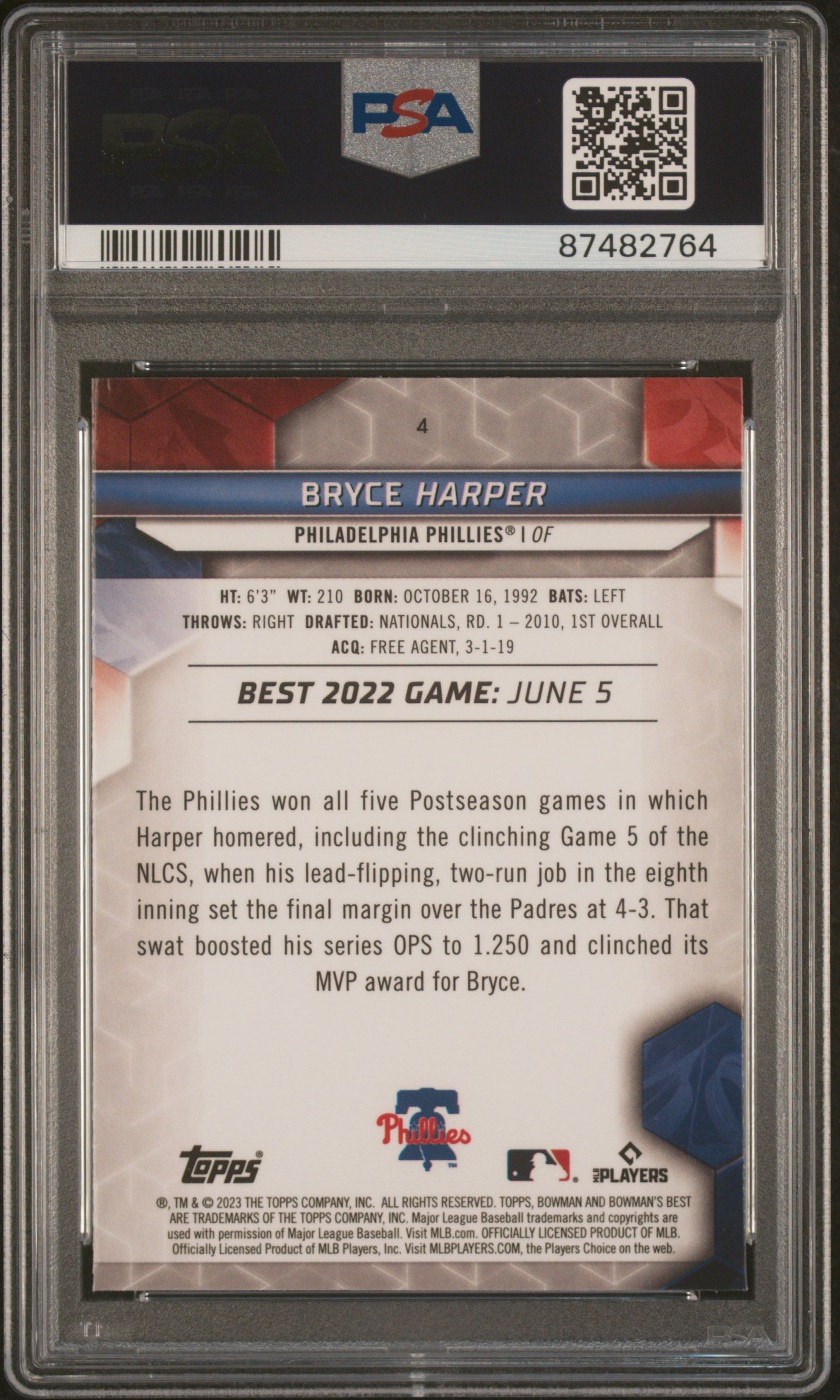 Graded 2023 Topps Bowmans Best Bryce Harper #4 Baseball Card PSA 10 Gem Mint