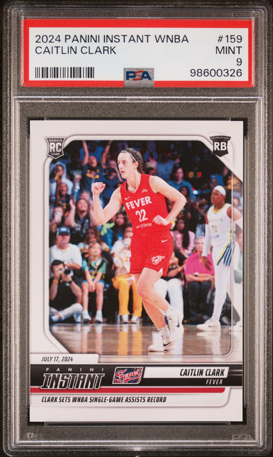 Graded 2024 Panini Instant WNBA Caitlin Clark #159 Sets Single Game Assists Record Rookie RC Basketball Card PSA 9 Mint