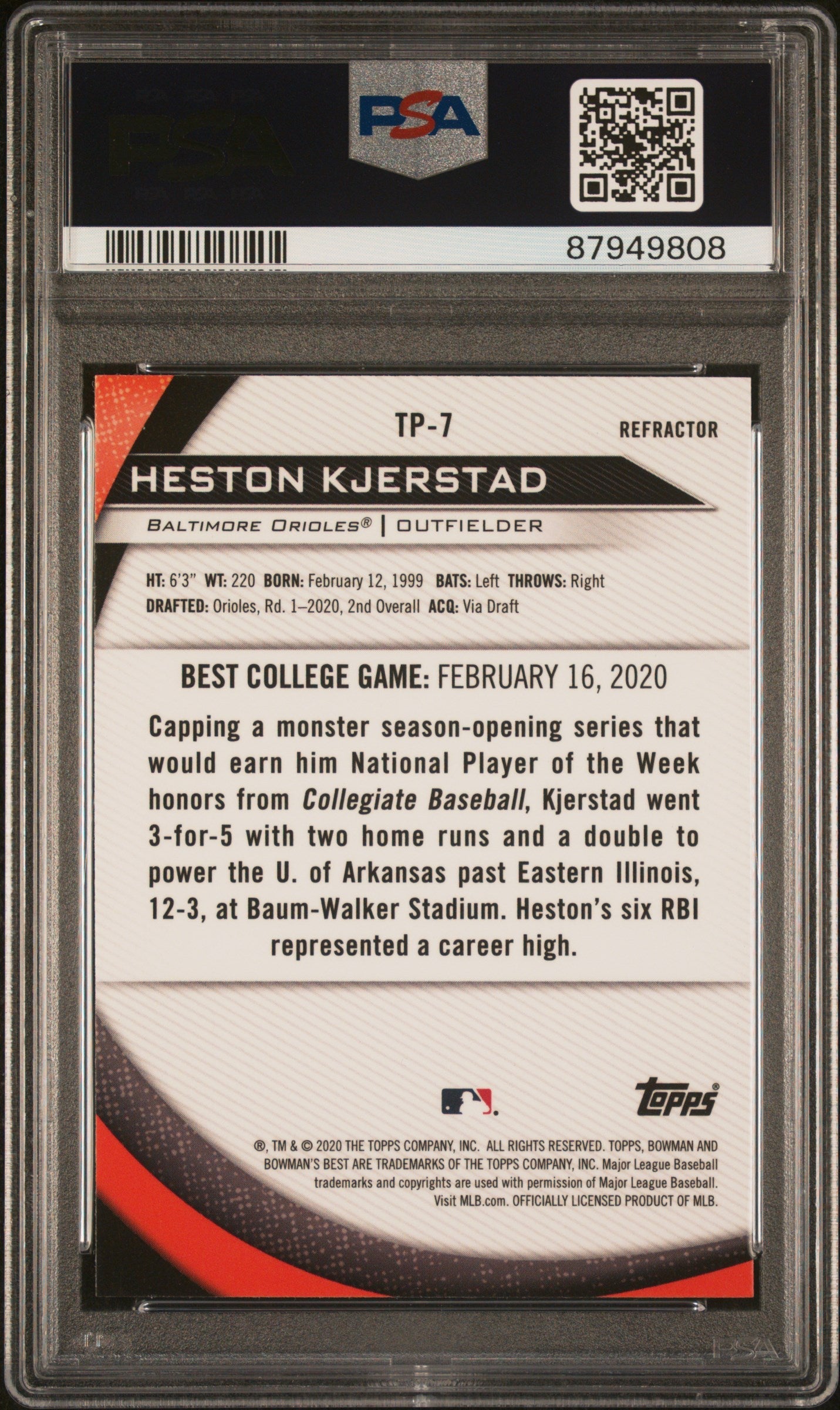 Graded 2020 Topps Bowmans Best Heston Kjerstad #TP7 Top Prospects Refractor Rookie RC Baseball Card PSA 10 Gem Mint