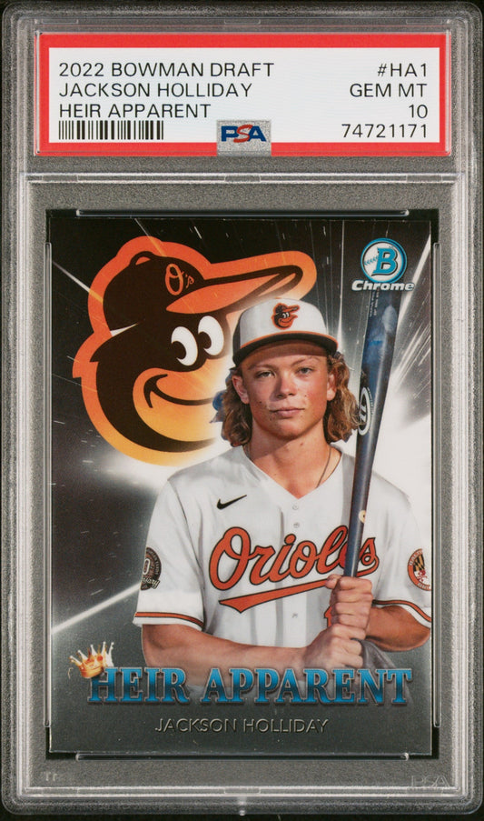 Graded 2022 Topps Bowman Draft Jackson Holliday #HA1 Heir Apparent Rookie RC Baseball Card PSA 10 Gem Mint