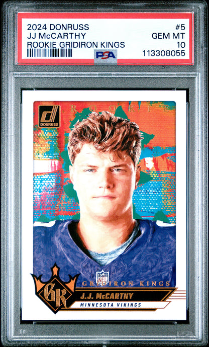 Graded 2024 Panini Donruss JJ McCarthy #5 Rookie Gridiron Kings Rookie RC Football Card PSA 10 Gem Mint