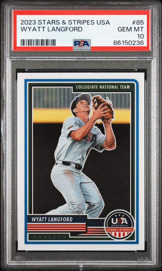 Graded 2023 Panini Stars & Stripes USA Wyatt Langford #85 Rookie RC Baseball Card PSA 10 Gem Mint