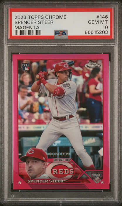 Graded 2023 Topps Chrome Spencer Steer #146 Magenta #/399 Rookie RC Baseball Card PSA 10 Gem Mint