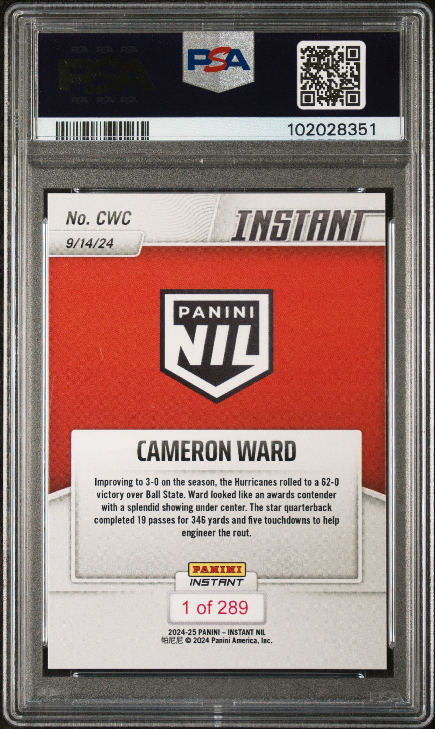 Graded 2024 Panini Instant NIL Cam Ward #CWC Rookie RC Football Card PSA 9 Mint