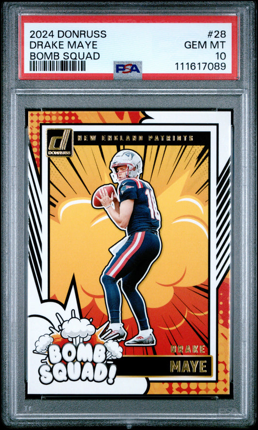 Graded 2024 Panini Donruss Drake Maye #28 Bomb Squad Rookie RC Football Card PSA 10 Gem Mint