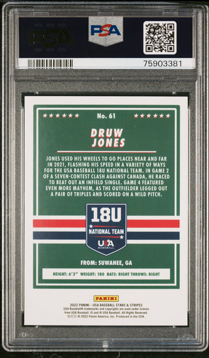 Graded 2021 Panini Stars & Stripes USA Druw Jones #61 Longevity Base Rookie RC Baseball Card PSA 10 Gem Mint