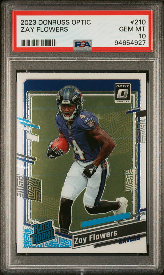 Graded 2023 Panini Donruss Optic Zay Flowers #210 Rookie RC Football Card PSA 10 Gem Mint