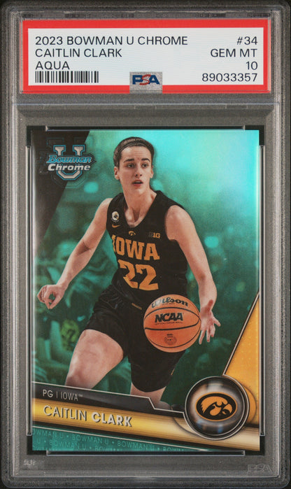 Graded 2023 Topps Bowman U Chrome Caitlin Clark #34 Aqua #/299 Rookie RC Basketball Card PSA 10 Gem Mint