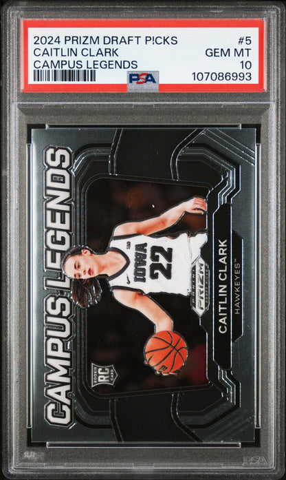Graded 2024 Panini Prizm Draft Picks Caitlin Clark #5 Campus Legends Rookie RC Basketball Card PSA 10 Gem Mint