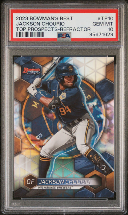 Graded 2023 Topps Bowmans Best Jackson Chourio #TP10 Top Prospects Refractor Rookie RC Baseball Card PSA 10 Gem Mint