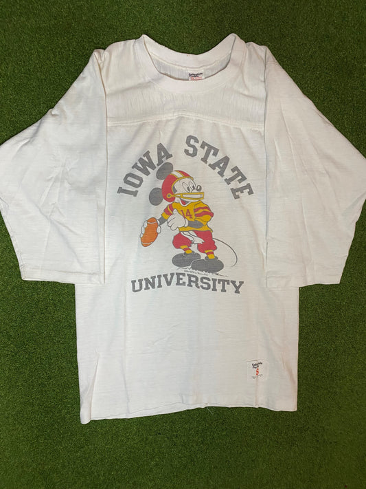 70s Iowa State Cyclones - Mickey Mouse Crossover - Vintage College 3/4 Sleeve Shirt (Small)