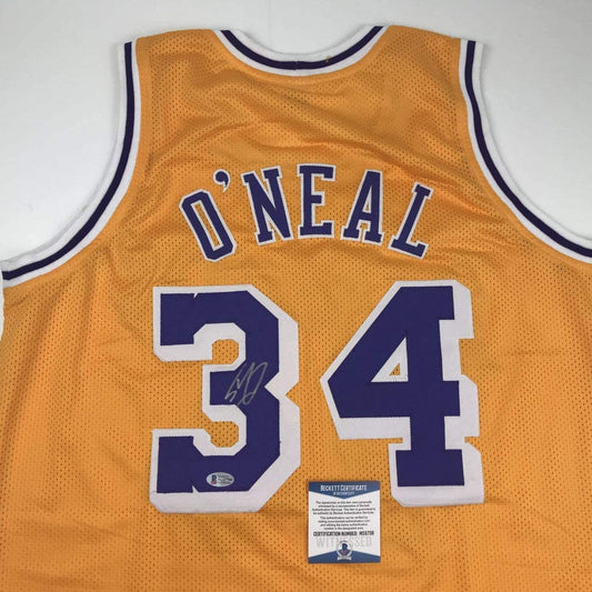 Autographed/Signed Shaquille Shaq O'Neal Los Angeles LA Yellow Basketball Jersey Beckett BAS COA